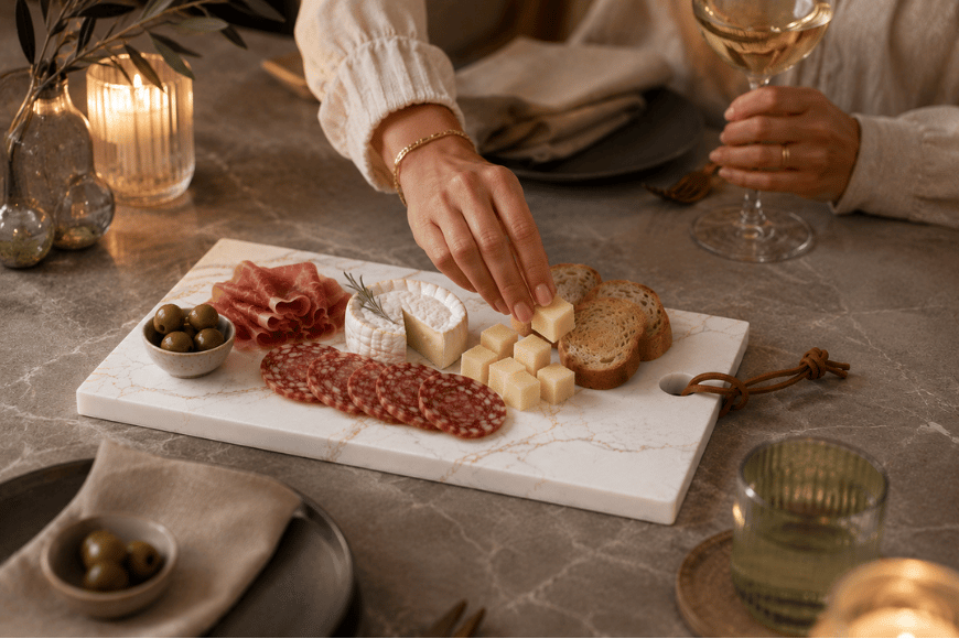 Witte composiet tapasplank tijdens borrelmoment met luxe hapjes en wijnglas