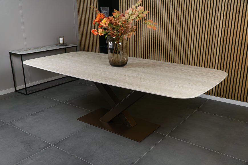Eettafel Deens Ovaal Travertino V-poot