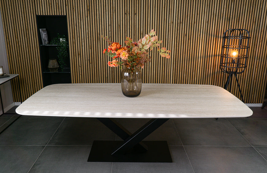 Eettafel Deens Ovaal Travertino V-poot