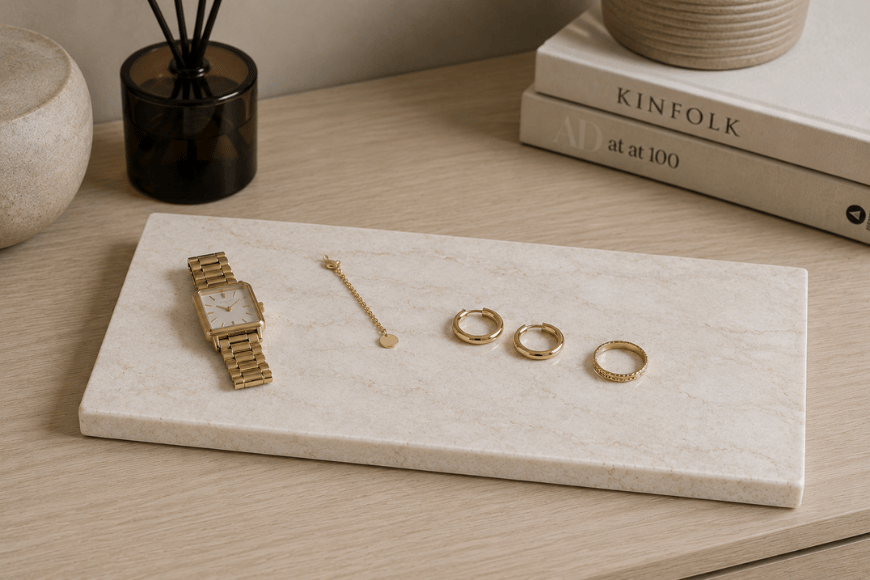 Sieradenplank van natuursteen met horloge en gouden sieraden
