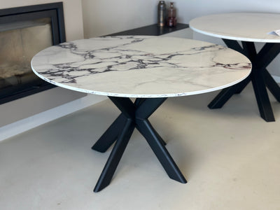 Ronde eettafel wit met paarse ader Viola met zwart Double X-leg onderstel