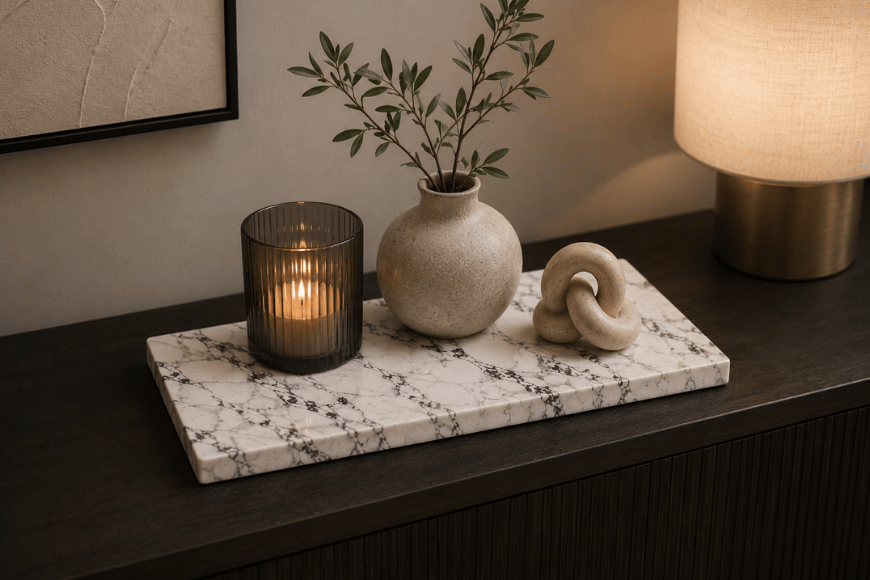 Luxe decoratie plateau van composiet met marmerlook voor interieur