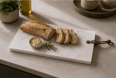 Composiet snijplank voor brood en kruidenboter op modern keukenblad