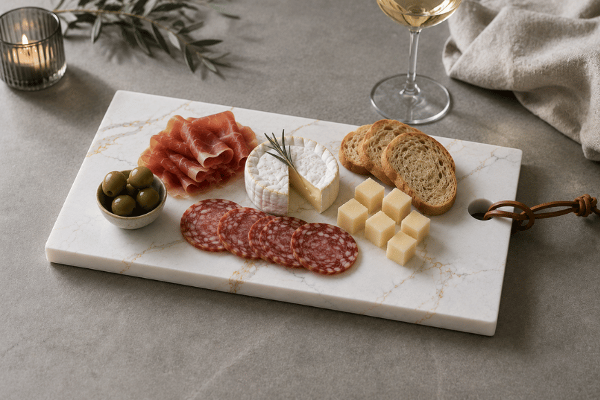 Luxe tapasplank van composiet met kaas, vleeswaren en olijven op gedekte tafel