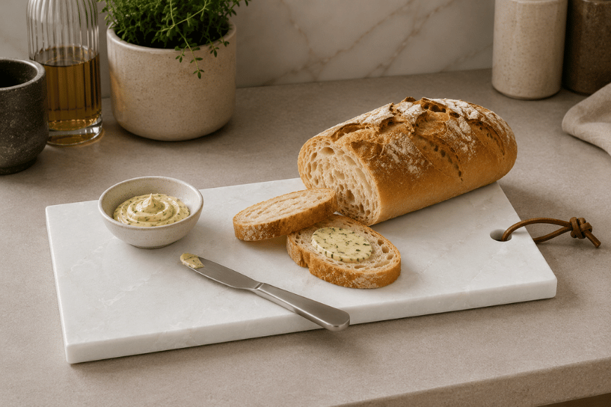 Witte natuurstenen tapasplank voor brood serveren en kruidenboter