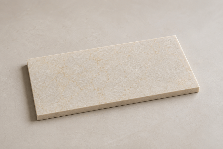 Rechthoekige tapasplank van Technistone Glencoe natuursteen met warme beige tinten en subtiele adering.