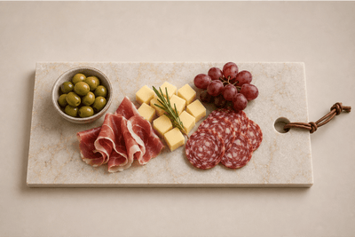 Glencoe Signature Tapasplank met tapas, olijven, kaas, druiven en salami op een rustige lichte achtergrond.