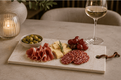 Glencoe Signature Tapasplank met luxe borrelhapjes op een sfeervol gedekte eettafel naast een glas witte wijn.