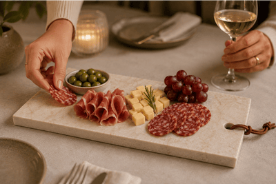 Glencoe Signature Tapasplank terwijl een plakje salami wordt gepakt tijdens een gezellige borrel met een glas witte wijn.
