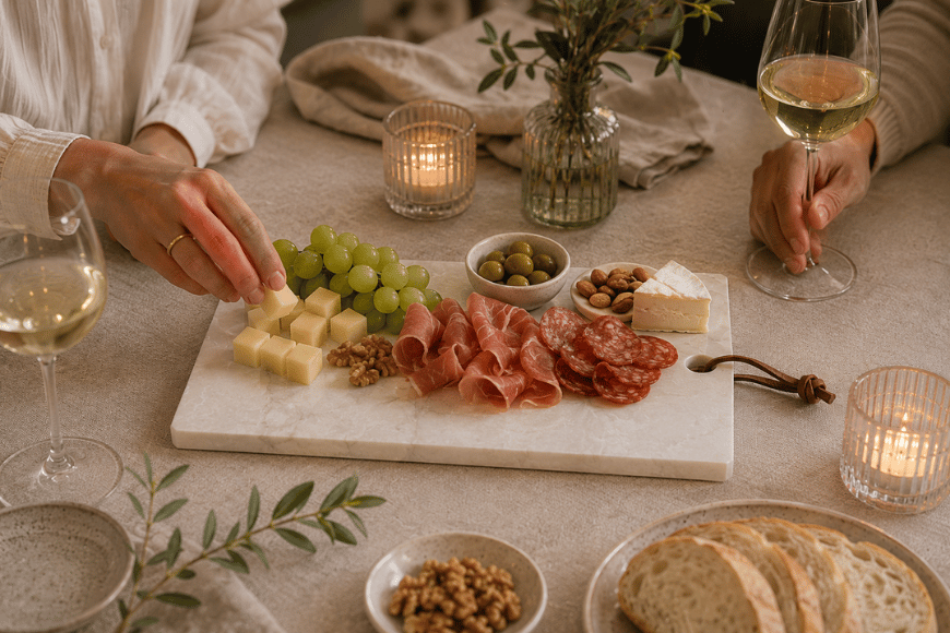 Lichte natuursteen tapasplank tijdens een gezellige borrel aan tafel met wijn en luxe hapjes