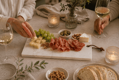 Lichte natuursteen tapasplank tijdens een gezellige borrel aan tafel met wijn en luxe hapjes