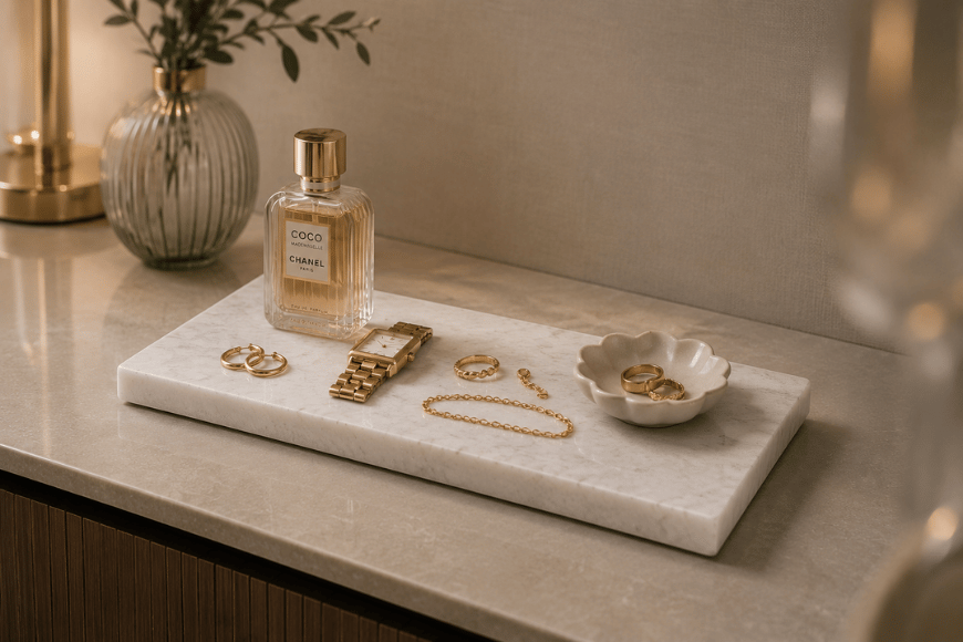 Natuurstenen sieraden organizer met gouden sieraden, horloge en parfum