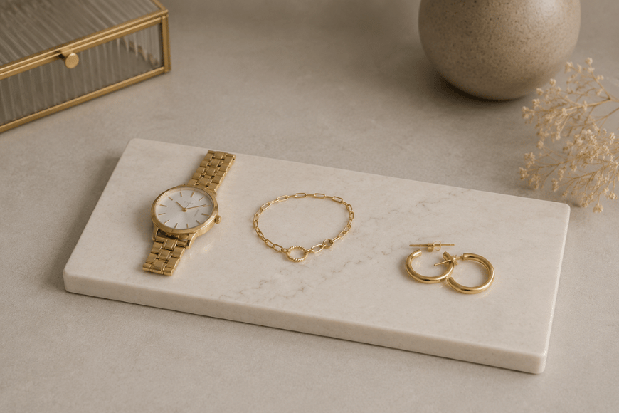 Sieraden plateau van composiet met gouden sieraden en horloge