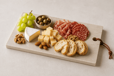 Natuurstenen borrelplank met kaas, charcuterie en tapas