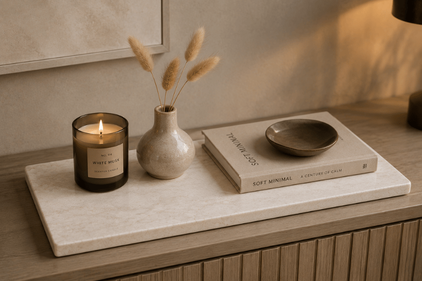 Decoratieve natuurstenen plank voor woonaccessoires en kaarsen