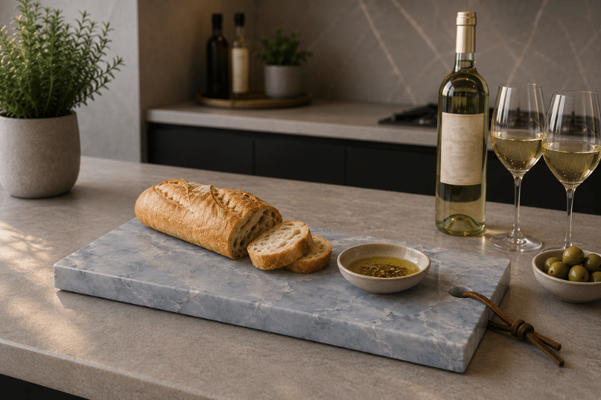 Azul Emerald Signature Tapasplank met vers brood, olijfolie en witte wijn op een modern keukeneiland.