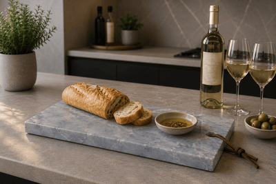 Azul Emerald Signature Tapasplank met vers brood, olijfolie en witte wijn op een modern keukeneiland.