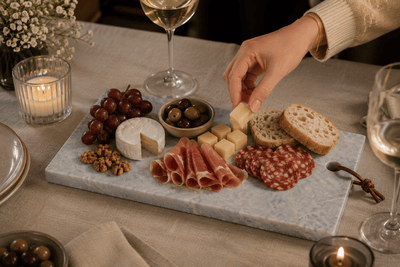 Azul Emerald Signature Tapasplank tijdens een gezellige borrel terwijl iemand een hapje van de plank pakt.