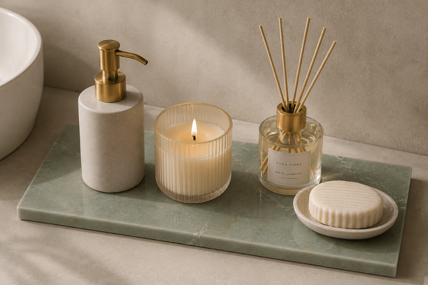Verde emerald natuurstenen plank gebruikt als decoratieve tray met zeeppomp, geurkaars en geurstokjes.