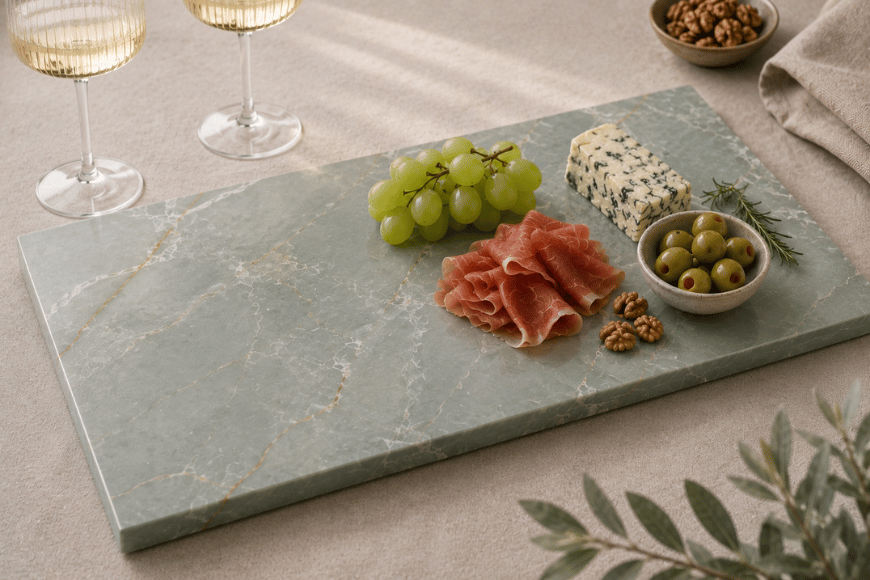 Verde emerald tapasplank gevuld met kazen, charcuterie, druiven, olijven en noten voor een stijlvolle borrelpresentatie.