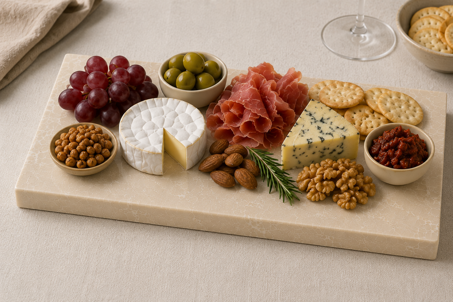 Glencoe tapasplank gevuld met kazen, charcuterie, druiven, olijven en noten voor een stijlvolle borrelpresentatie.