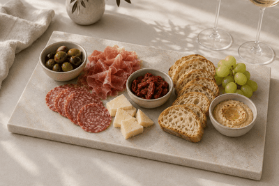 Glencoe tapasplank gevuld met kazen, charcuterie, druiven, olijven en noten voor een stijlvolle borrelpresentatie.
