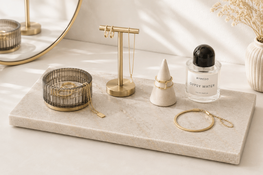 Glencoe Accessoireplank van natuursteen gebruikt als stijlvolle sieradenplank met horloge, ringen en kettingen.