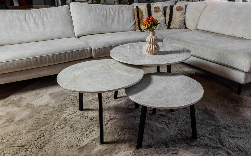 Marmerlook ronde salontafelset keramiek Marazzi Taj Mahal 3-delig