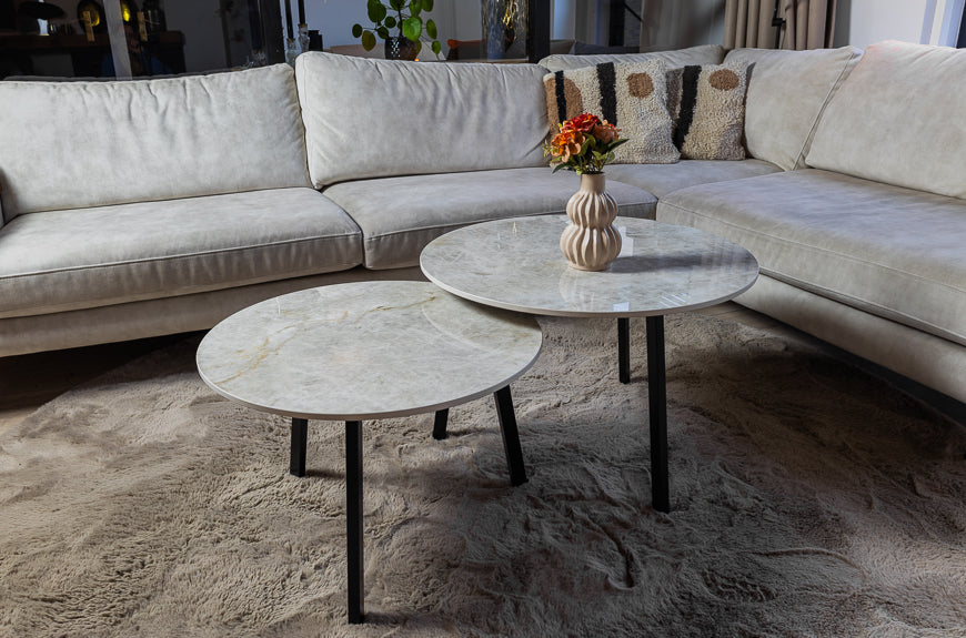 Marmerlook ronde salontafelset keramiek Marazzi Taj Mahal 2-delig